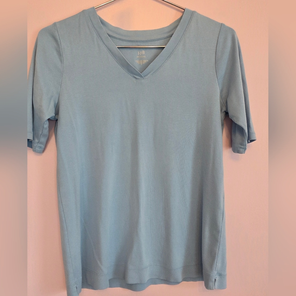Light Blue J. Jill V-Neck Women's 100% Cotton Short Sleeve Top